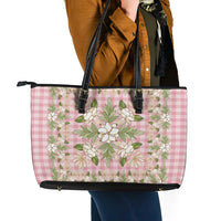 Squares Maile Leaf Leather Tote Bag Pink Palaka Hawaiian Quilt Pattern - Polynesian Pride