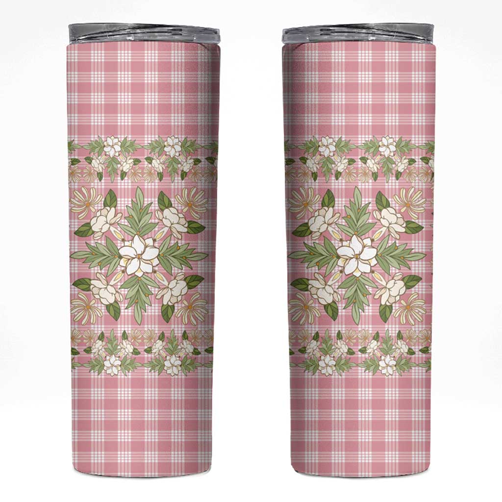 Squares Maile Leaf Skinny Tumbler Pink Palaka Hawaiian Quilt Pattern - Polynesian Pride