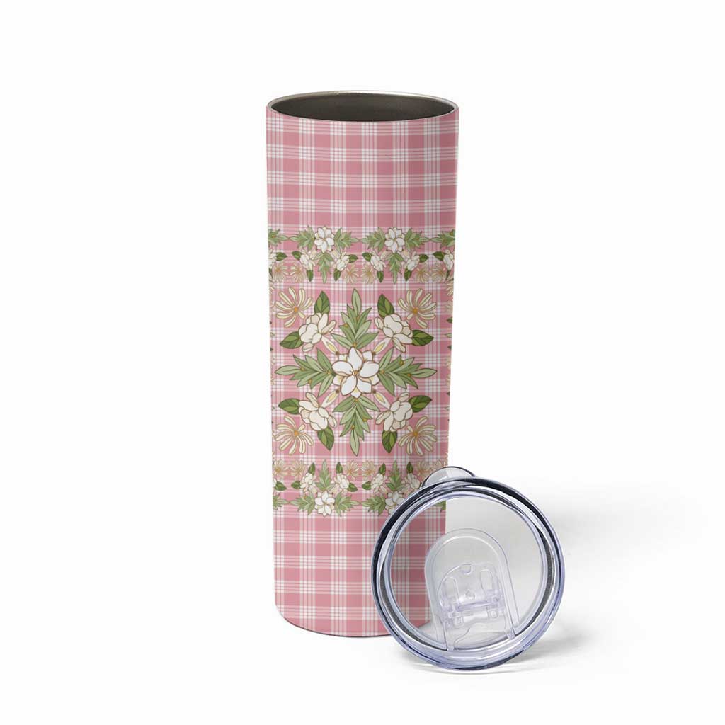 Squares Maile Leaf Skinny Tumbler Pink Palaka Hawaiian Quilt Pattern - Polynesian Pride