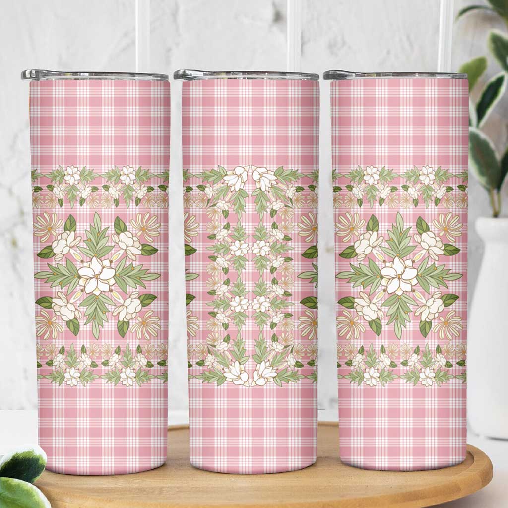 Squares Maile Leaf Skinny Tumbler Pink Palaka Hawaiian Quilt Pattern - Polynesian Pride