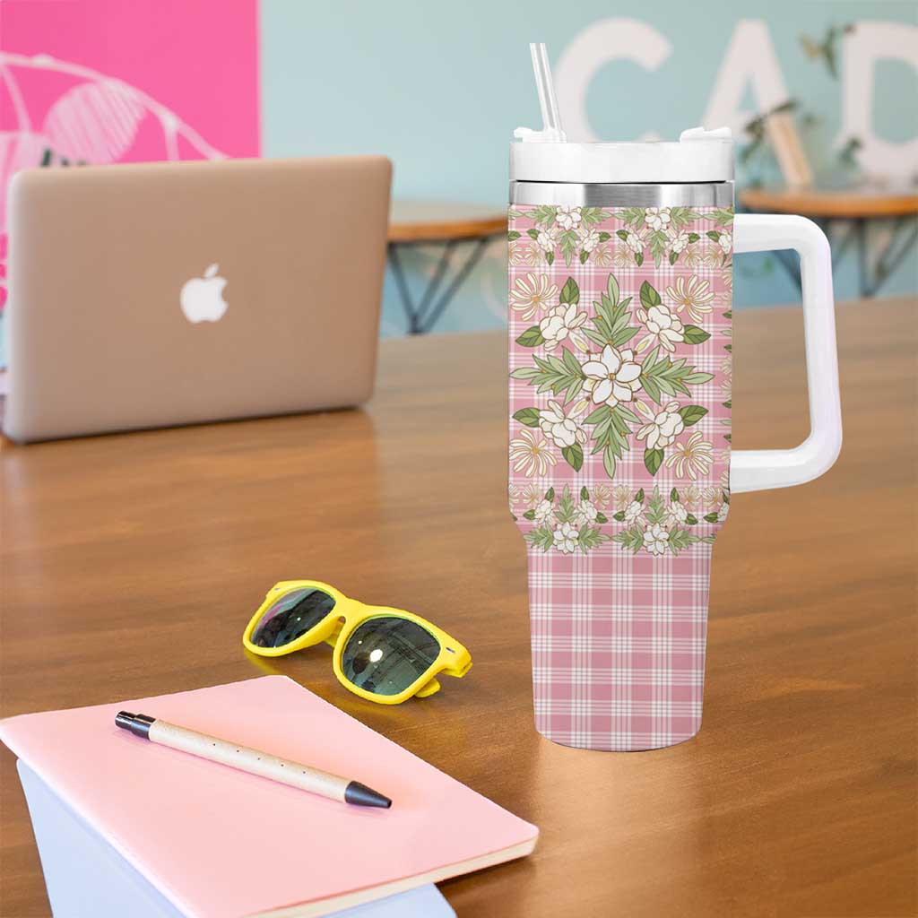 Squares Maile Leaf Tumbler With Handle Pink Palaka Hawaiian Quilt Pattern - Polynesian Pride
