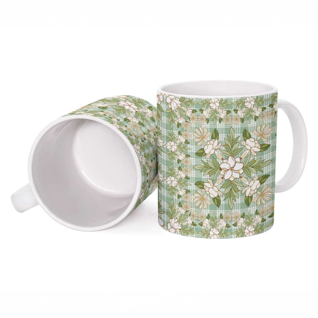 Squares Maile Leaf Ceramic Mug Turquoise Palaka Hawaiian Quilt Pattern - Polynesian Pride