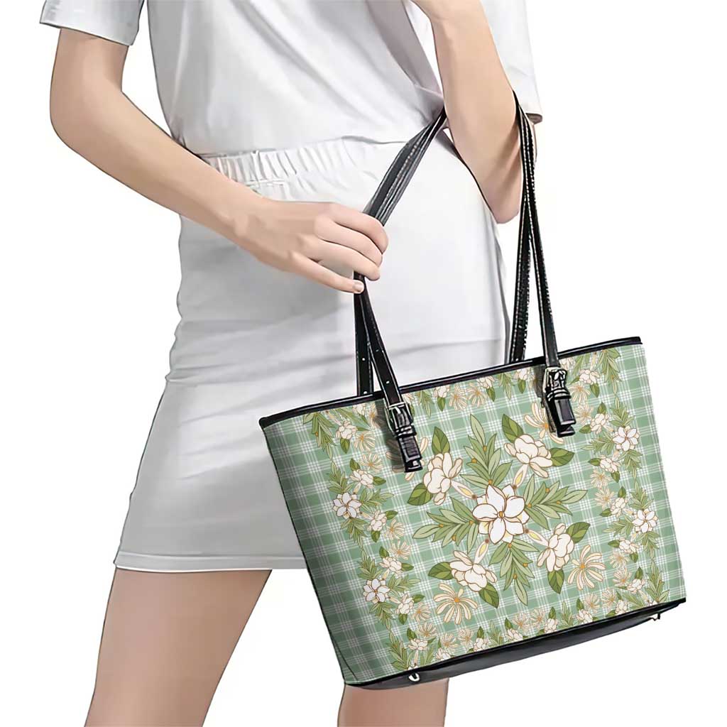 Squares Maile Leaf Leather Tote Bag Turquoise Palaka Hawaiian Quilt Pattern - Polynesian Pride