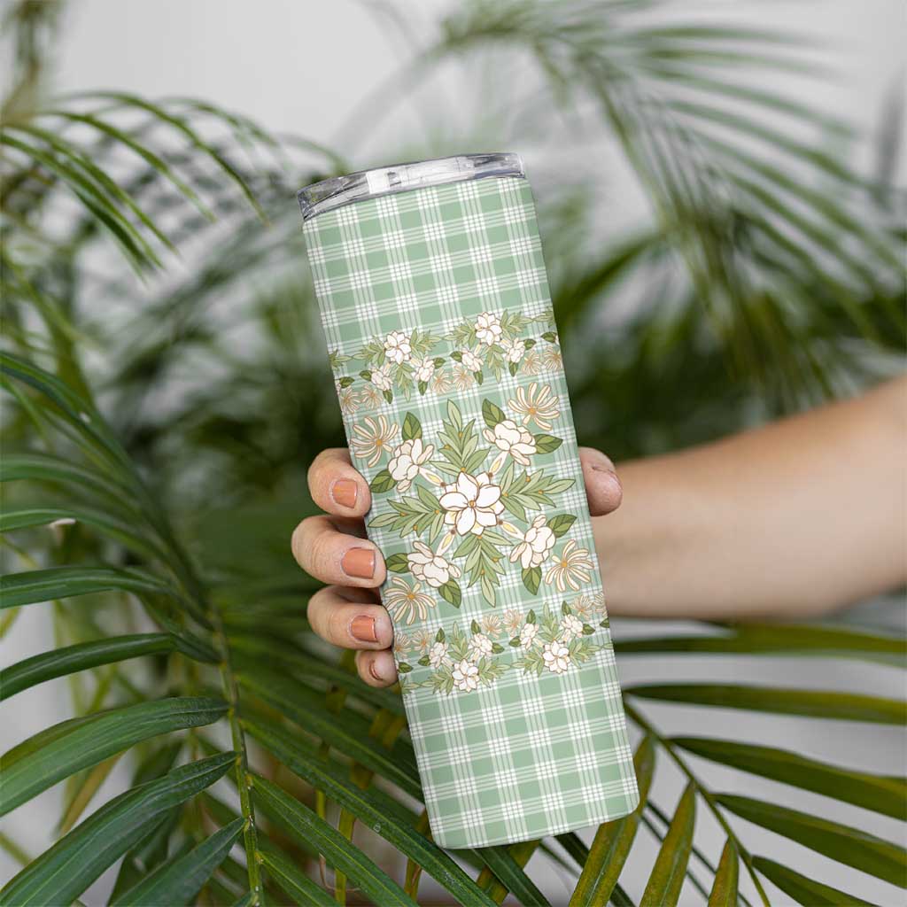 Squares Maile Leaf Skinny Tumbler Turquoise Palaka Hawaiian Quilt Pattern - Polynesian Pride