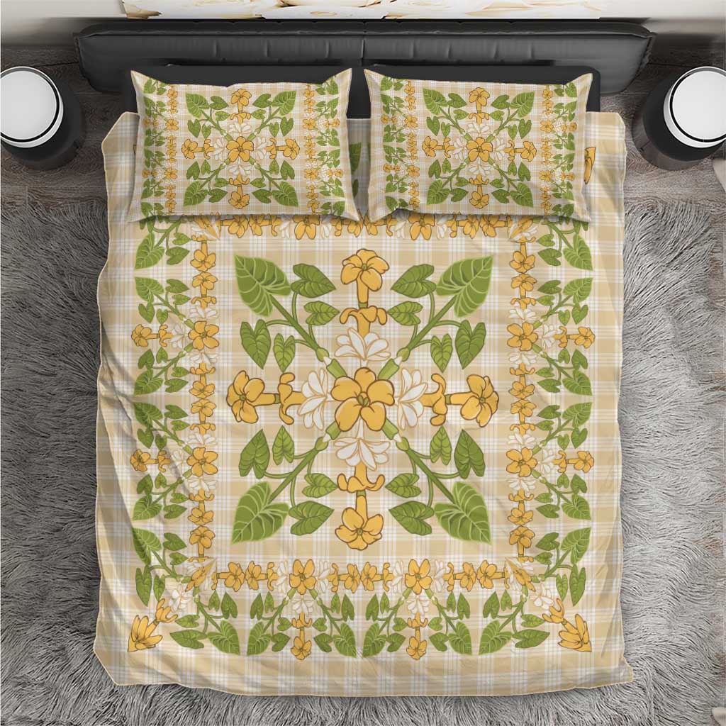 Squares Puakenikeni and Kalo Bedding Set Beige Palaka Hawaiian Quilt Pattern - Polynesian Pride