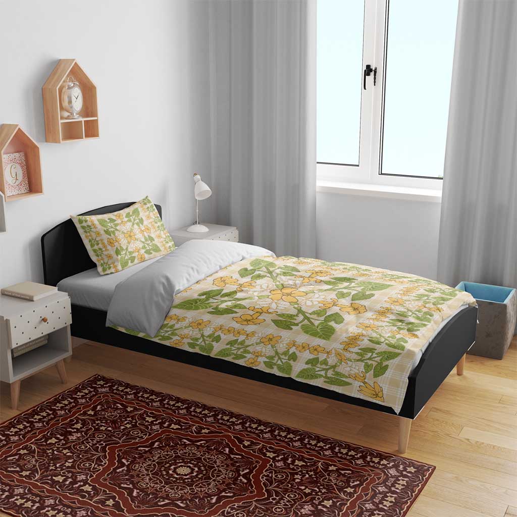 Squares Puakenikeni and Kalo Bedding Set Beige Palaka Hawaiian Quilt Pattern - Polynesian Pride