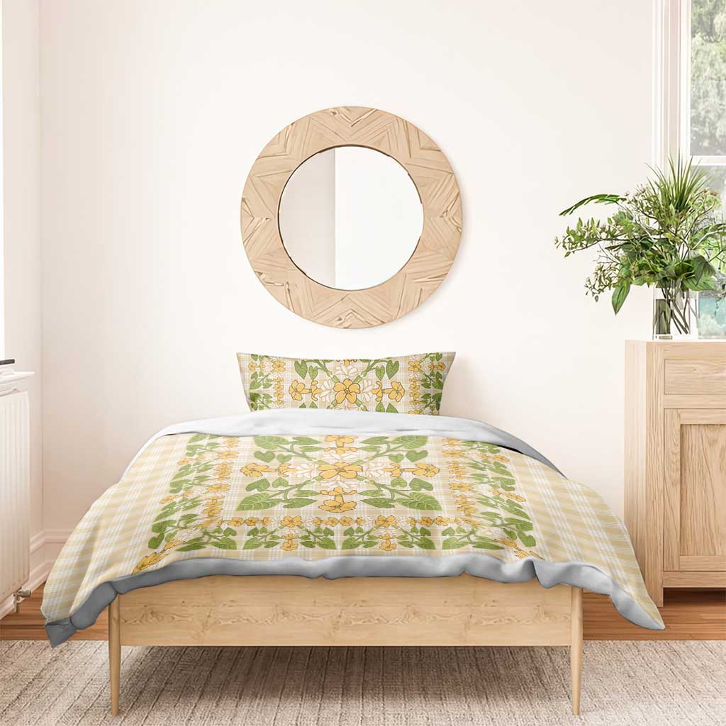 Squares Puakenikeni and Kalo Bedding Set Beige Palaka Hawaiian Quilt Pattern - Polynesian Pride