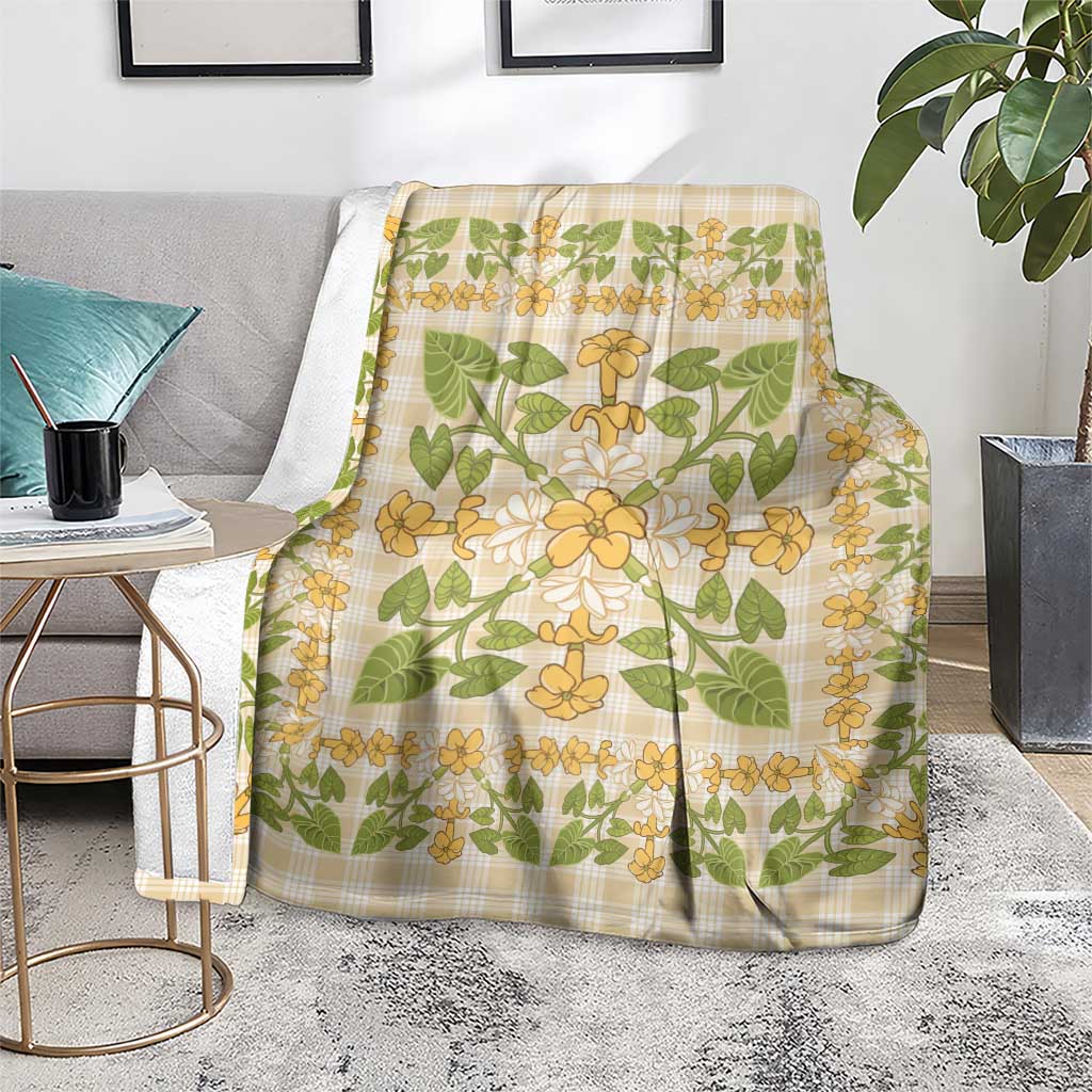 Squares Puakenikeni and Kalo Blanket Beige Palaka Hawaiian Quilt Pattern - Polynesian Pride