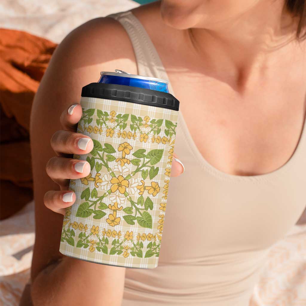 Squares Puakenikeni and Kalo 4 in 1 Can Cooler Tumbler Beige Palaka Hawaiian Quilt Pattern - Polynesian Pride