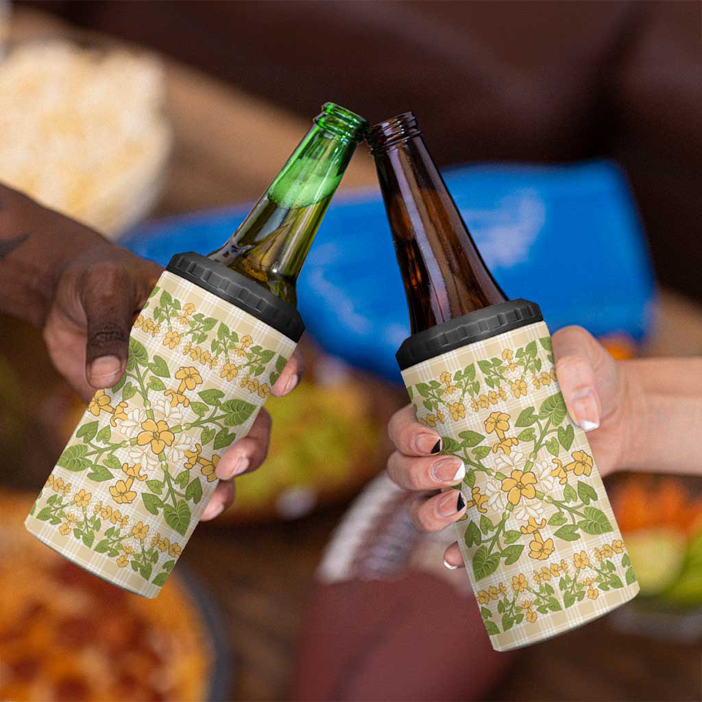 Squares Puakenikeni and Kalo 4 in 1 Can Cooler Tumbler Beige Palaka Hawaiian Quilt Pattern - Polynesian Pride
