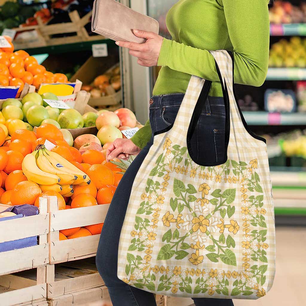 Squares Puakenikeni and Kalo Grocery Bag Beige Palaka Hawaiian Quilt Pattern - Polynesian Pride