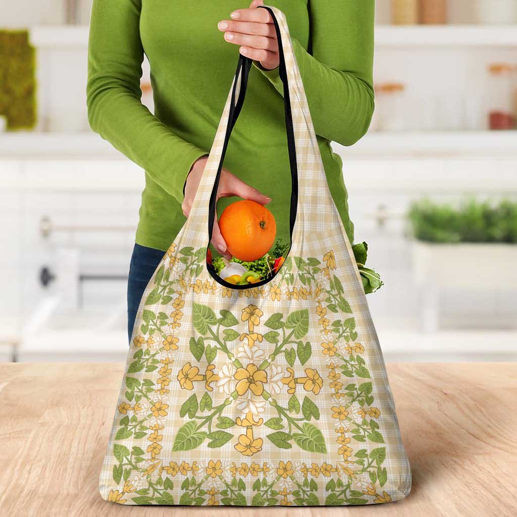 Squares Puakenikeni and Kalo Grocery Bag Beige Palaka Hawaiian Quilt Pattern - Polynesian Pride