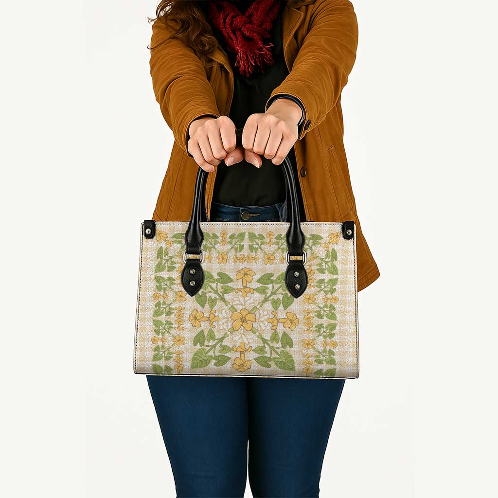 Squares Puakenikeni and Kalo Leather Bag Beige Palaka Hawaiian Quilt Pattern - Polynesian Pride