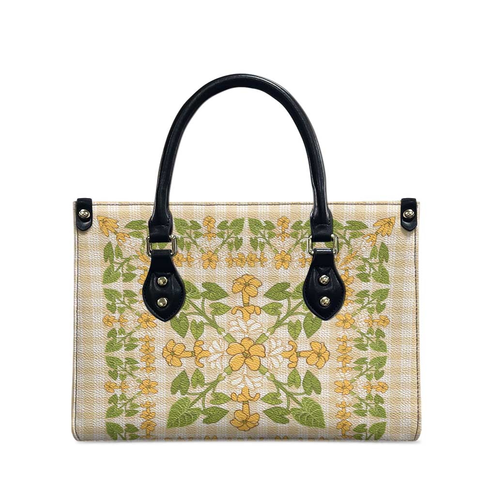 Squares Puakenikeni and Kalo Leather Bag Beige Palaka Hawaiian Quilt Pattern - Polynesian Pride