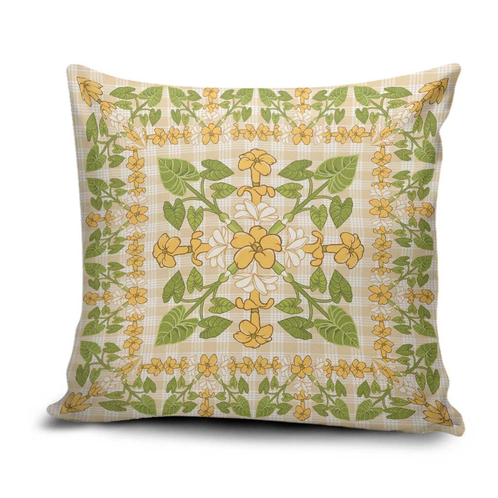 Squares Puakenikeni and Kalo Pillow Cover Beige Palaka Hawaiian Quilt Pattern - Polynesian Pride