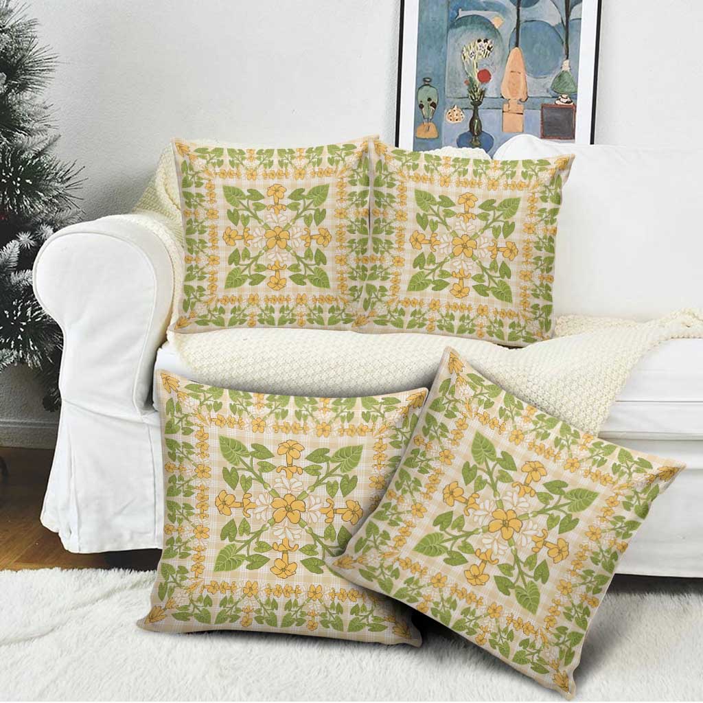 Squares Puakenikeni and Kalo Pillow Cover Beige Palaka Hawaiian Quilt Pattern - Polynesian Pride