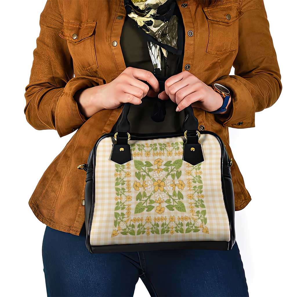Squares Puakenikeni and Kalo Shoulder Handbag Beige Palaka Hawaiian Quilt Pattern - Polynesian Pride