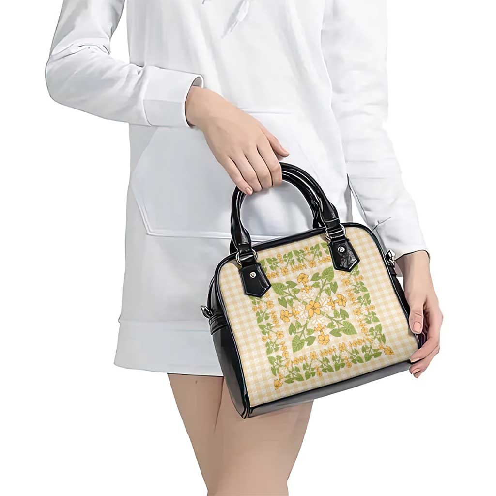Squares Puakenikeni and Kalo Shoulder Handbag Beige Palaka Hawaiian Quilt Pattern - Polynesian Pride