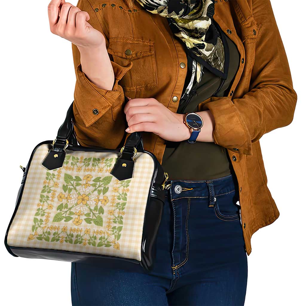 Squares Puakenikeni and Kalo Shoulder Handbag Beige Palaka Hawaiian Quilt Pattern - Polynesian Pride