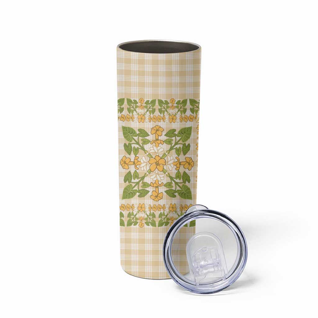 Squares Puakenikeni and Kalo Skinny Tumbler Beige Palaka Hawaiian Quilt Pattern - Polynesian Pride