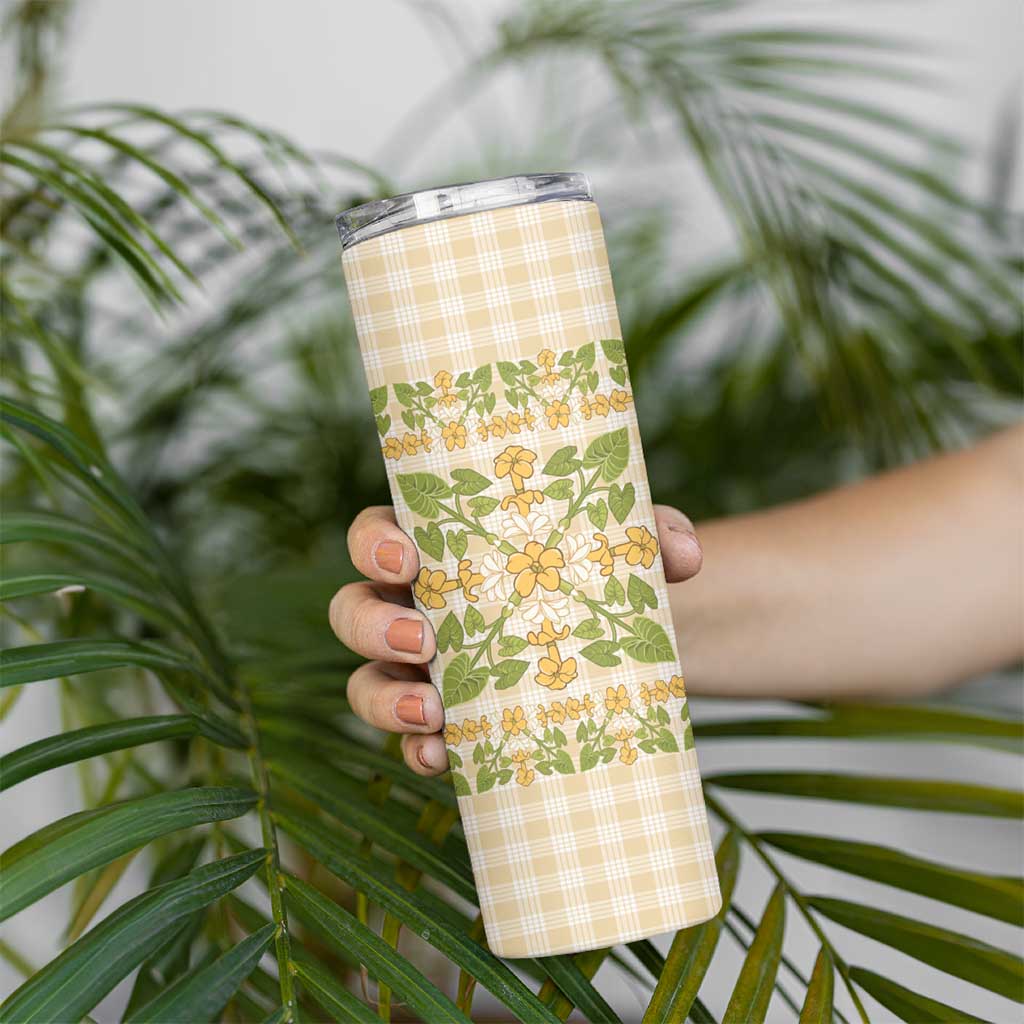 Squares Puakenikeni and Kalo Skinny Tumbler Beige Palaka Hawaiian Quilt Pattern - Polynesian Pride
