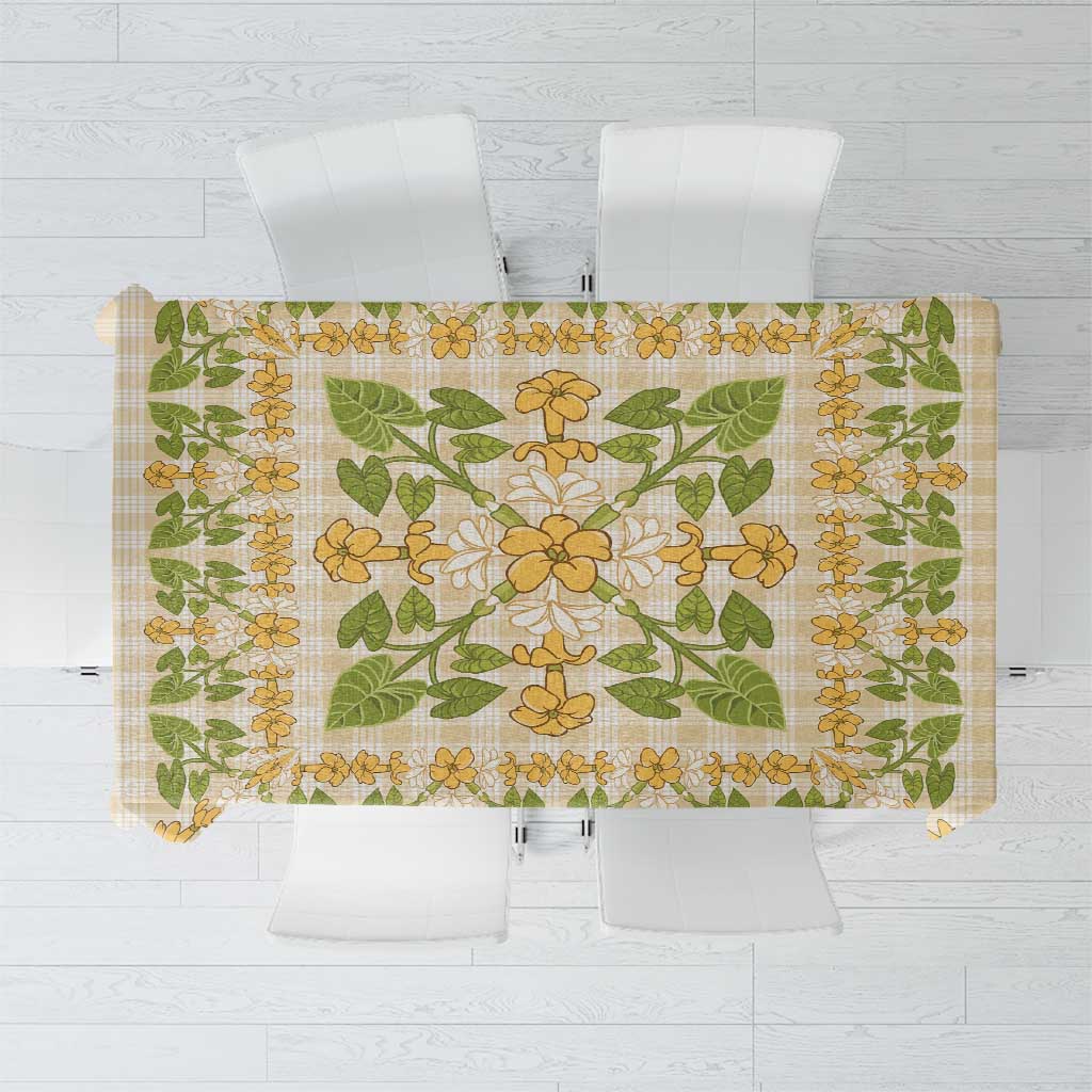 Squares Puakenikeni and Kalo Tablecloth Beige Palaka Hawaiian Quilt Pattern - Polynesian Pride