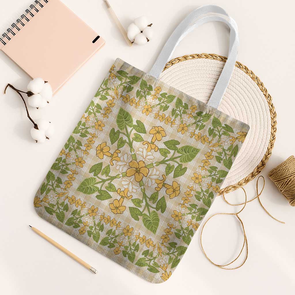 Squares Puakenikeni and Kalo Tote Bag Beige Palaka Hawaiian Quilt Pattern - Polynesian Pride