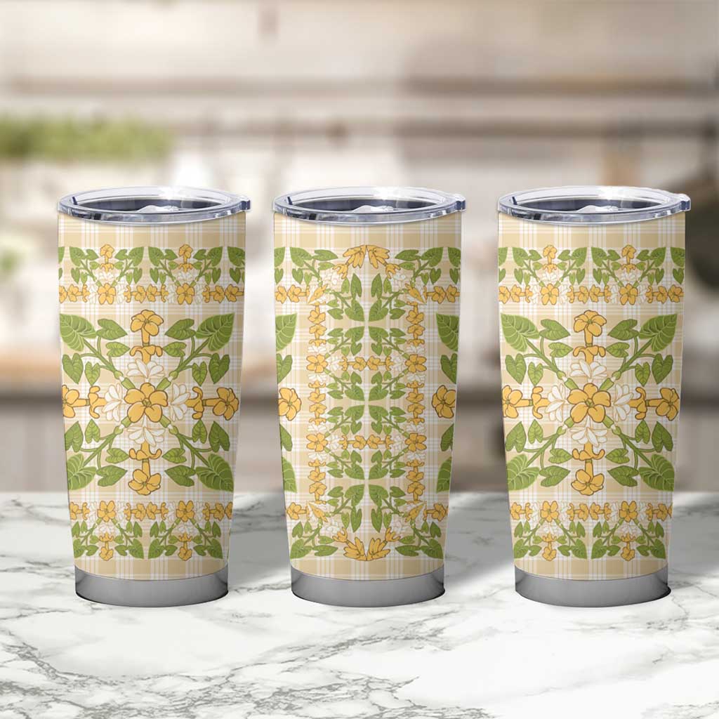 Squares Puakenikeni and Kalo Tumbler Cup Beige Palaka Hawaiian Quilt Pattern - Polynesian Pride