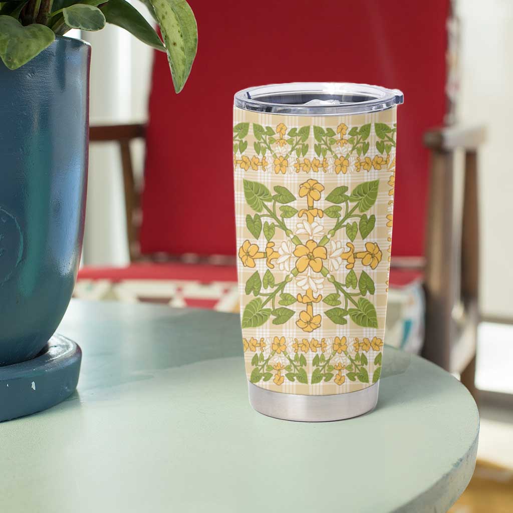Squares Puakenikeni and Kalo Tumbler Cup Beige Palaka Hawaiian Quilt Pattern - Polynesian Pride
