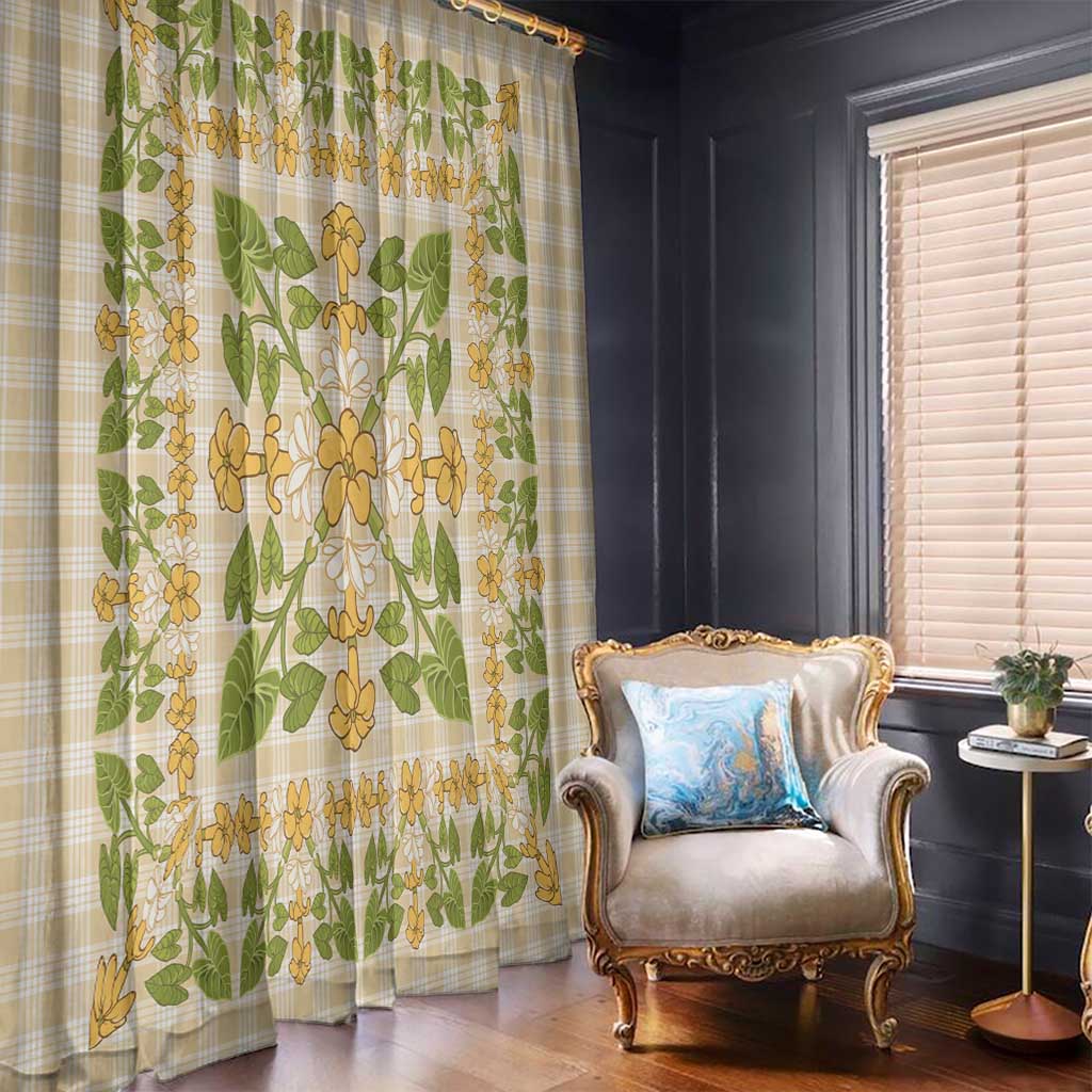 Squares Puakenikeni and Kalo Window Curtain Beige Palaka Hawaiian Quilt Pattern - Polynesian Pride