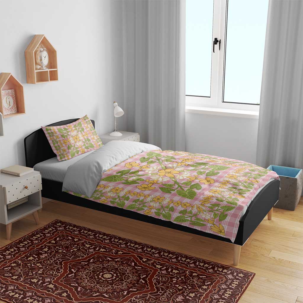 Squares Puakenikeni and Kalo Bedding Set Pink Palaka Hawaiian Quilt Pattern - Polynesian Pride