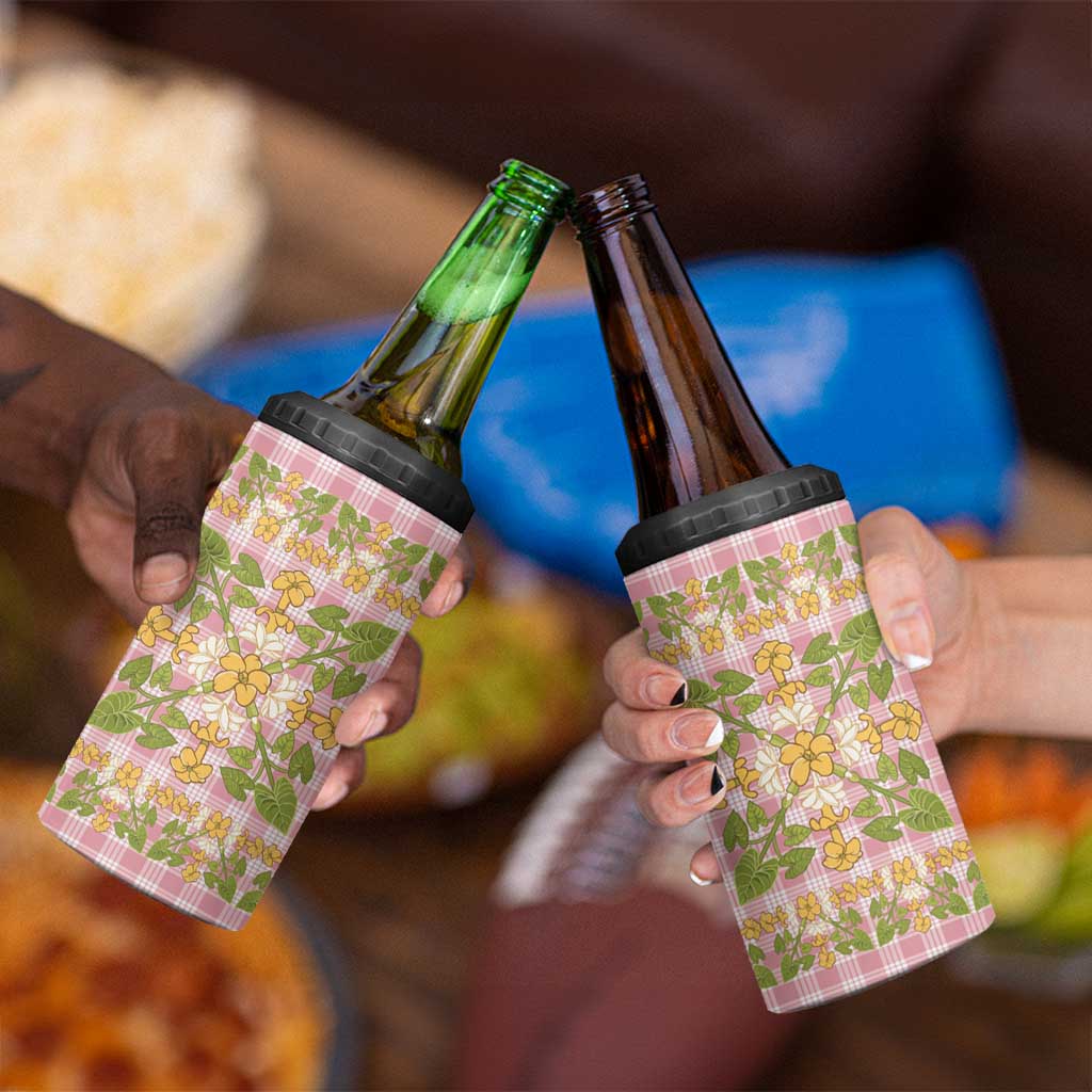 Squares Puakenikeni and Kalo 4 in 1 Can Cooler Tumbler Pink Palaka Hawaiian Quilt Pattern - Polynesian Pride