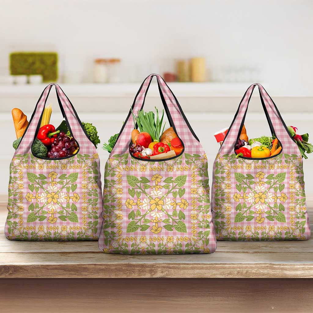 Squares Puakenikeni and Kalo Grocery Bag Pink Palaka Hawaiian Quilt Pattern - Polynesian Pride