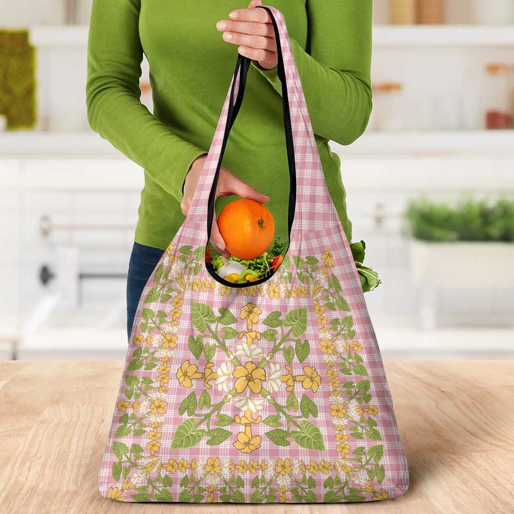 Squares Puakenikeni and Kalo Grocery Bag Pink Palaka Hawaiian Quilt Pattern - Polynesian Pride