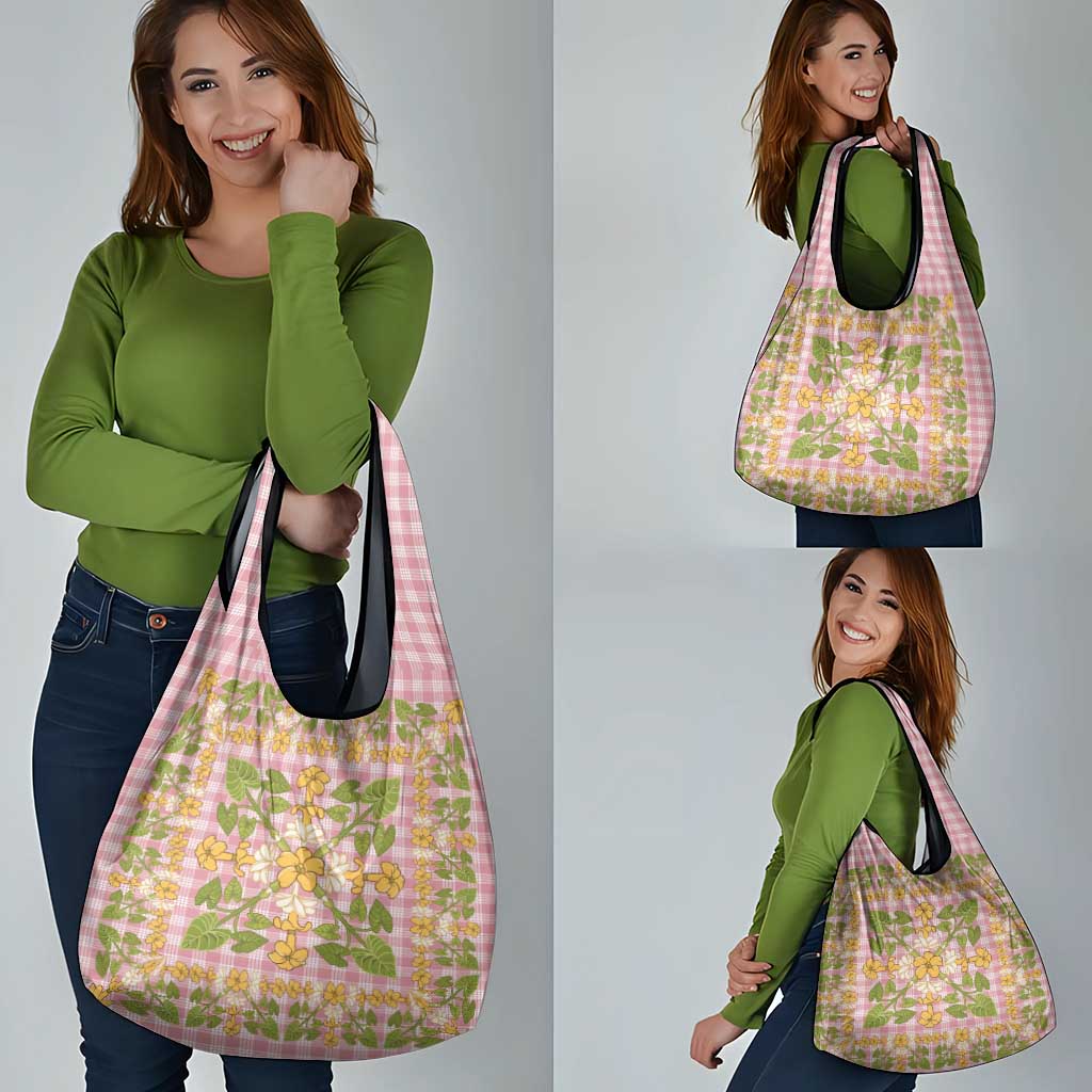 Squares Puakenikeni and Kalo Grocery Bag Pink Palaka Hawaiian Quilt Pattern - Polynesian Pride