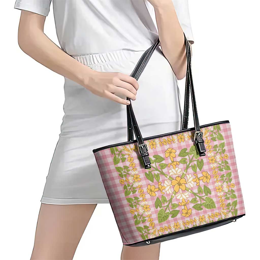 Squares Puakenikeni and Kalo Leather Tote Bag Pink Palaka Hawaiian Quilt Pattern - Polynesian Pride