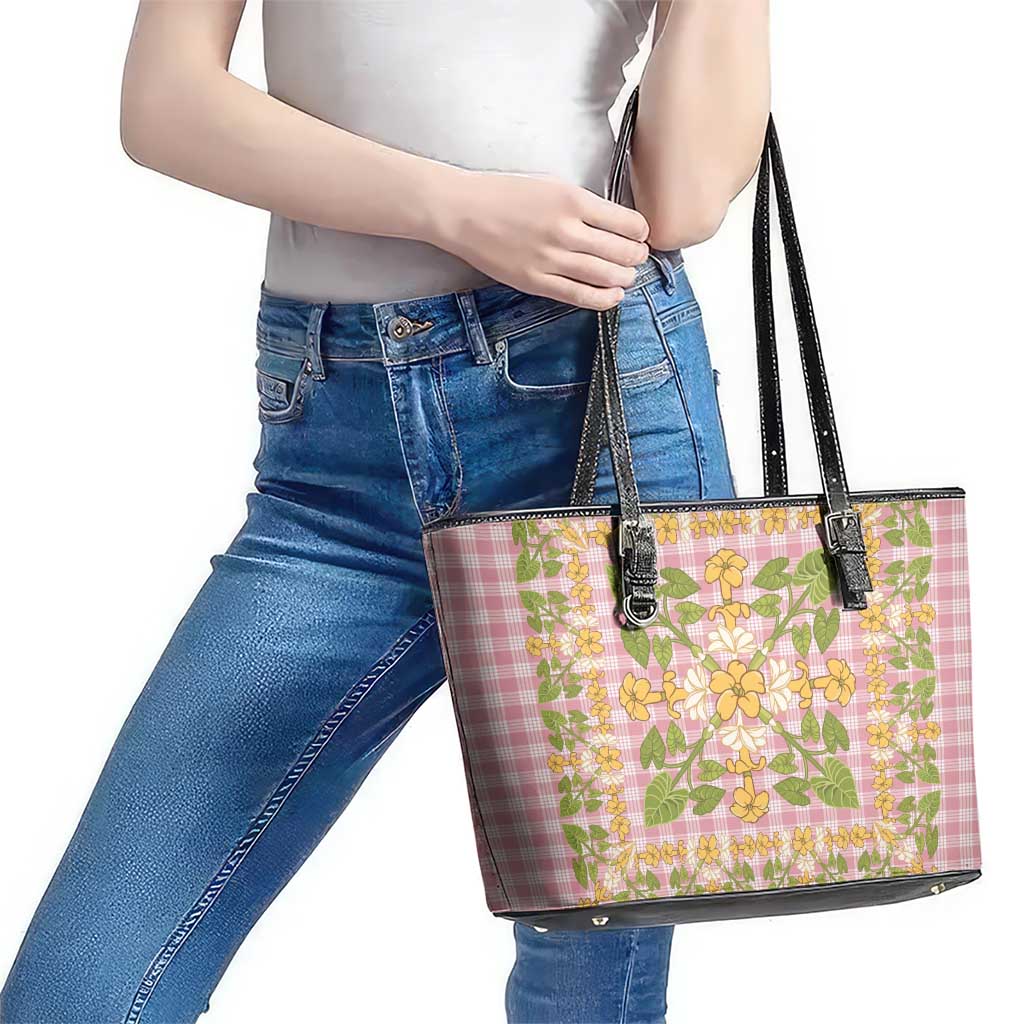 Squares Puakenikeni and Kalo Leather Tote Bag Pink Palaka Hawaiian Quilt Pattern - Polynesian Pride