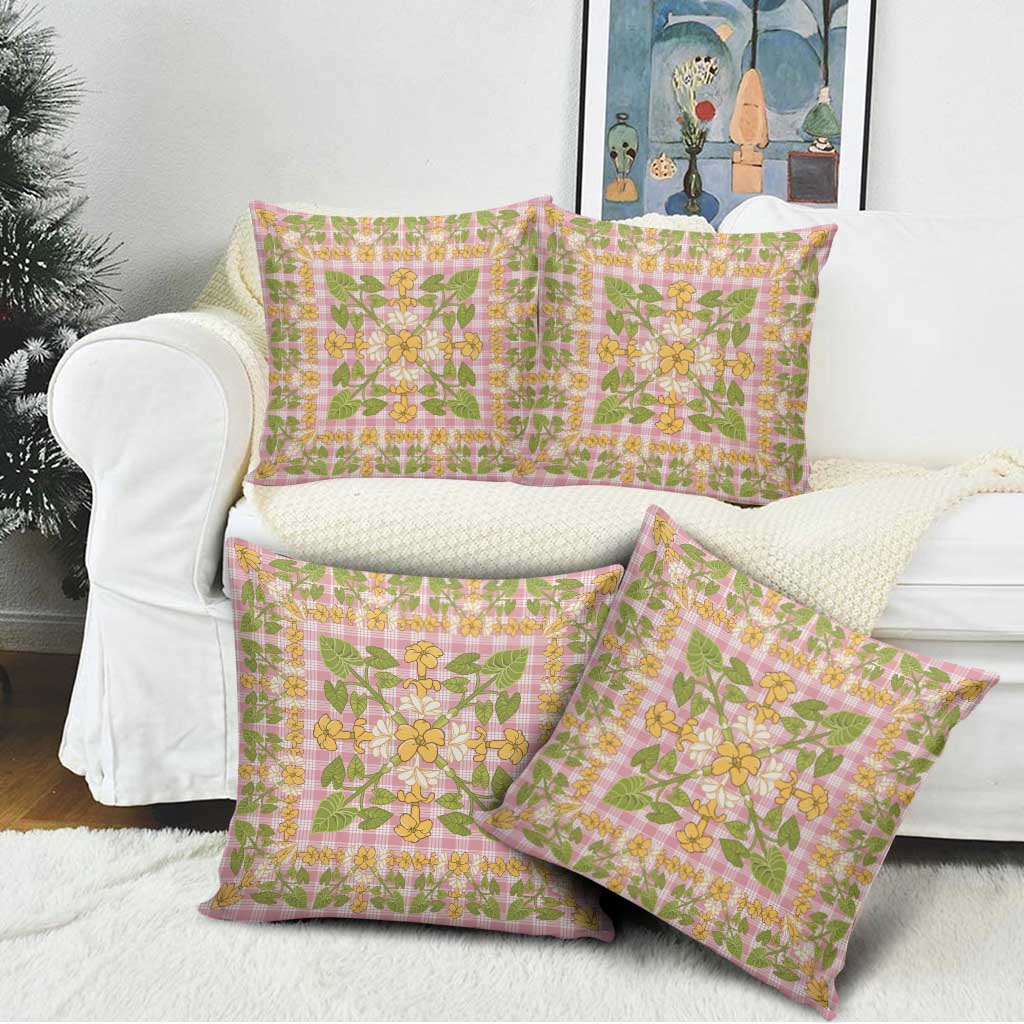 Squares Puakenikeni and Kalo Pillow Cover Pink Palaka Hawaiian Quilt Pattern - Polynesian Pride