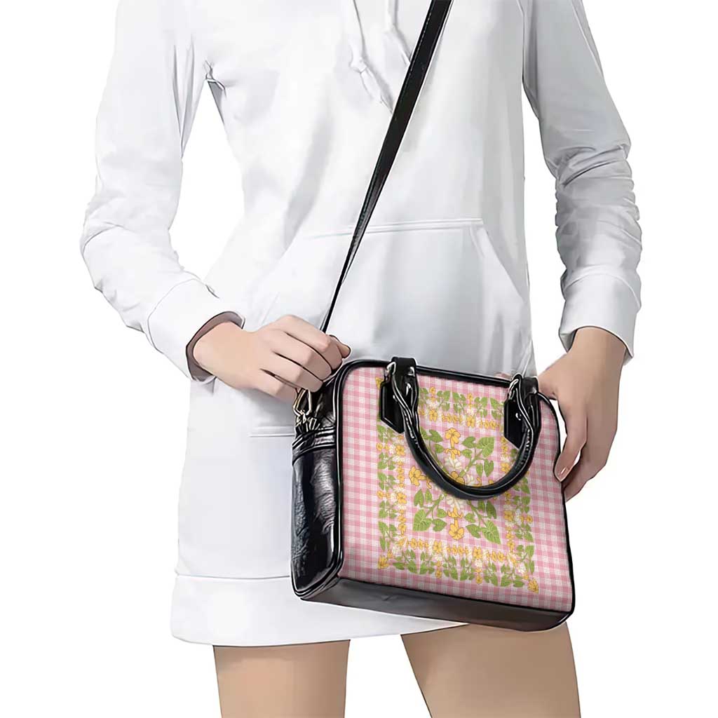 Squares Puakenikeni and Kalo Shoulder Handbag Pink Palaka Hawaiian Quilt Pattern - Polynesian Pride