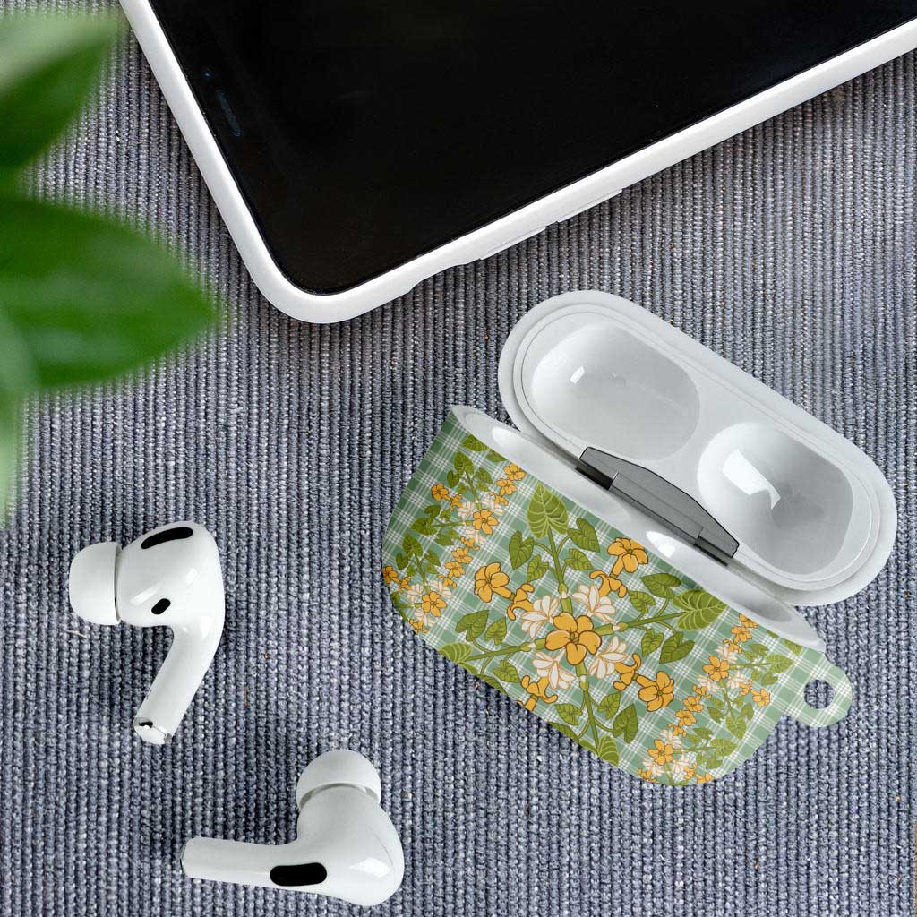 Squares Puakenikeni and Kalo AirPods Case Turquoise Palaka Hawaiian Quilt Pattern - Polynesian Pride