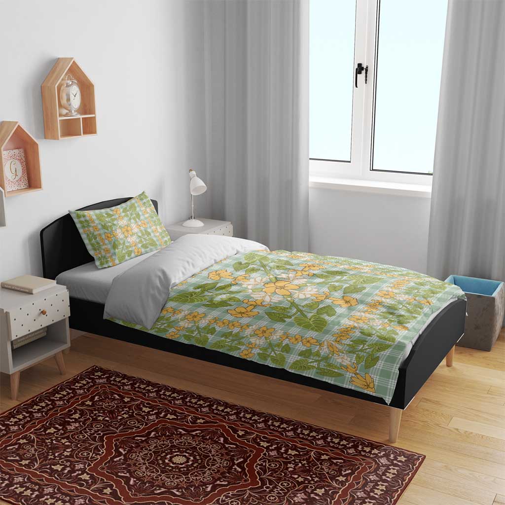 Squares Puakenikeni and Kalo Bedding Set Turquoise Palaka Hawaiian Quilt Pattern - Polynesian Pride