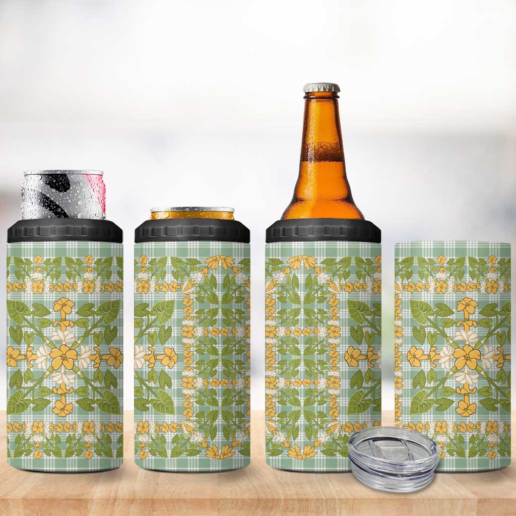 Squares Puakenikeni and Kalo 4 in 1 Can Cooler Tumbler Turquoise Palaka Hawaiian Quilt Pattern - Polynesian Pride
