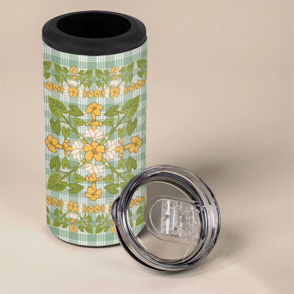 Squares Puakenikeni and Kalo 4 in 1 Can Cooler Tumbler Turquoise Palaka Hawaiian Quilt Pattern - Polynesian Pride