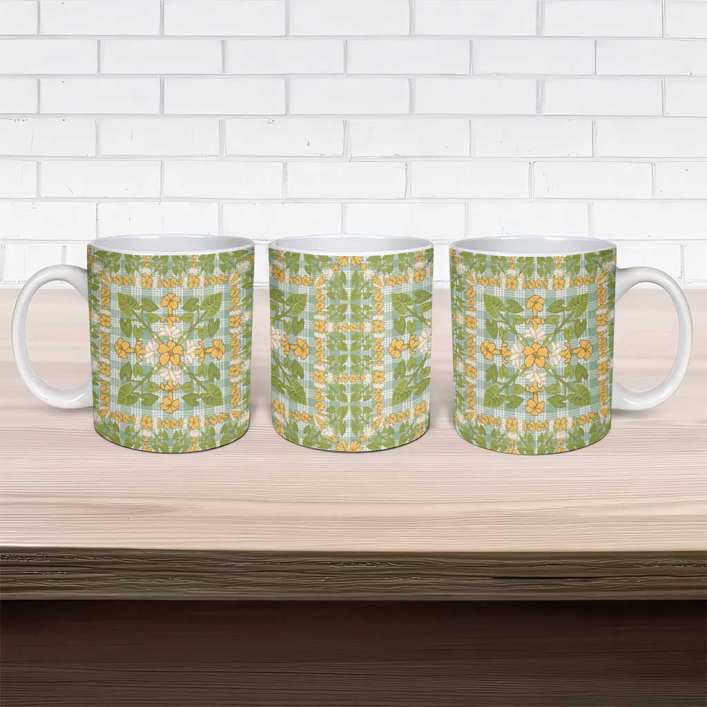 Squares Puakenikeni and Kalo Ceramic Mug Turquoise Palaka Hawaiian Quilt Pattern - Polynesian Pride