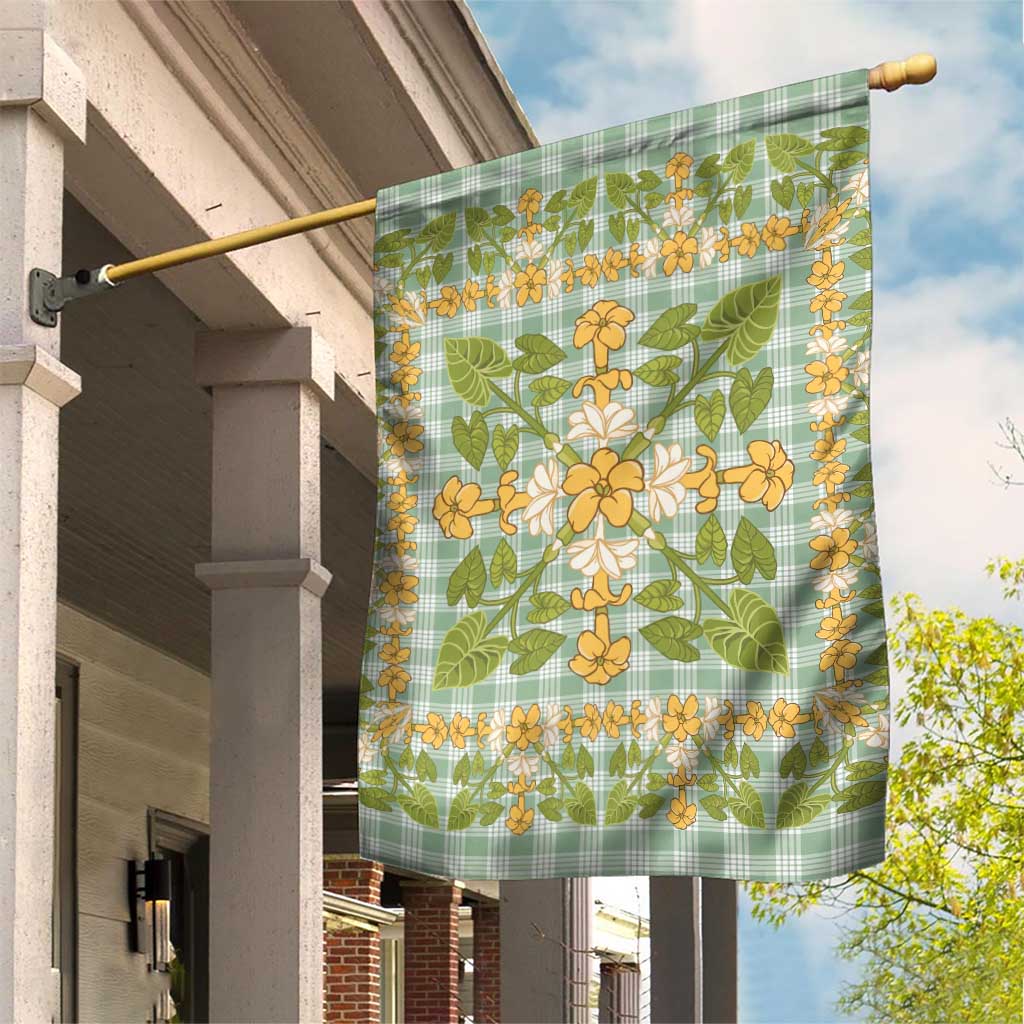 Squares Puakenikeni and Kalo Garden Flag Turquoise Palaka Hawaiian Quilt Pattern - Polynesian Pride