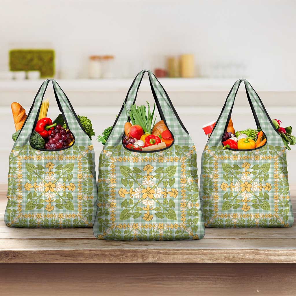 Squares Puakenikeni and Kalo Grocery Bag Turquoise Palaka Hawaiian Quilt Pattern - Polynesian Pride
