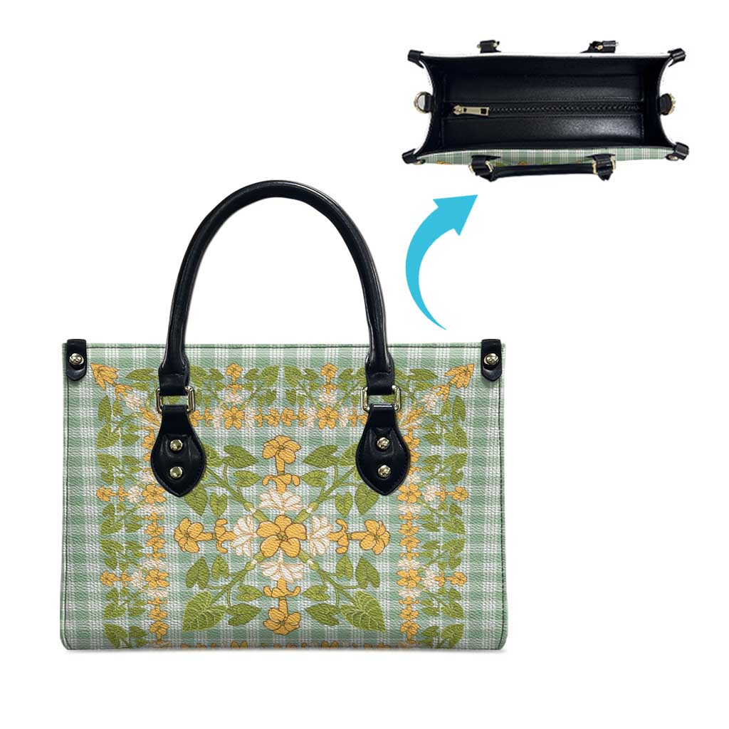 Squares Puakenikeni and Kalo Leather Bag Turquoise Palaka Hawaiian Quilt Pattern - Polynesian Pride