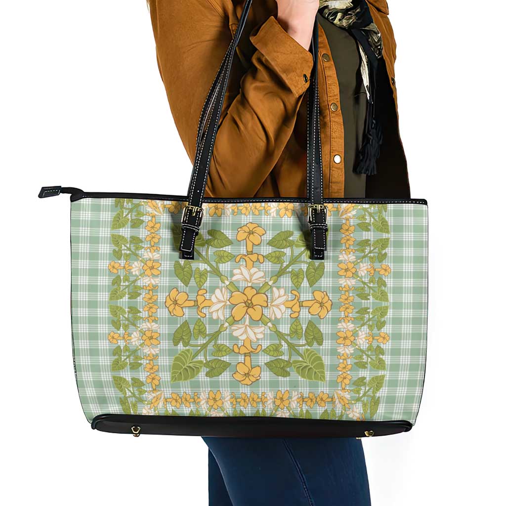 Squares Puakenikeni and Kalo Leather Tote Bag Turquoise Palaka Hawaiian Quilt Pattern - Polynesian Pride