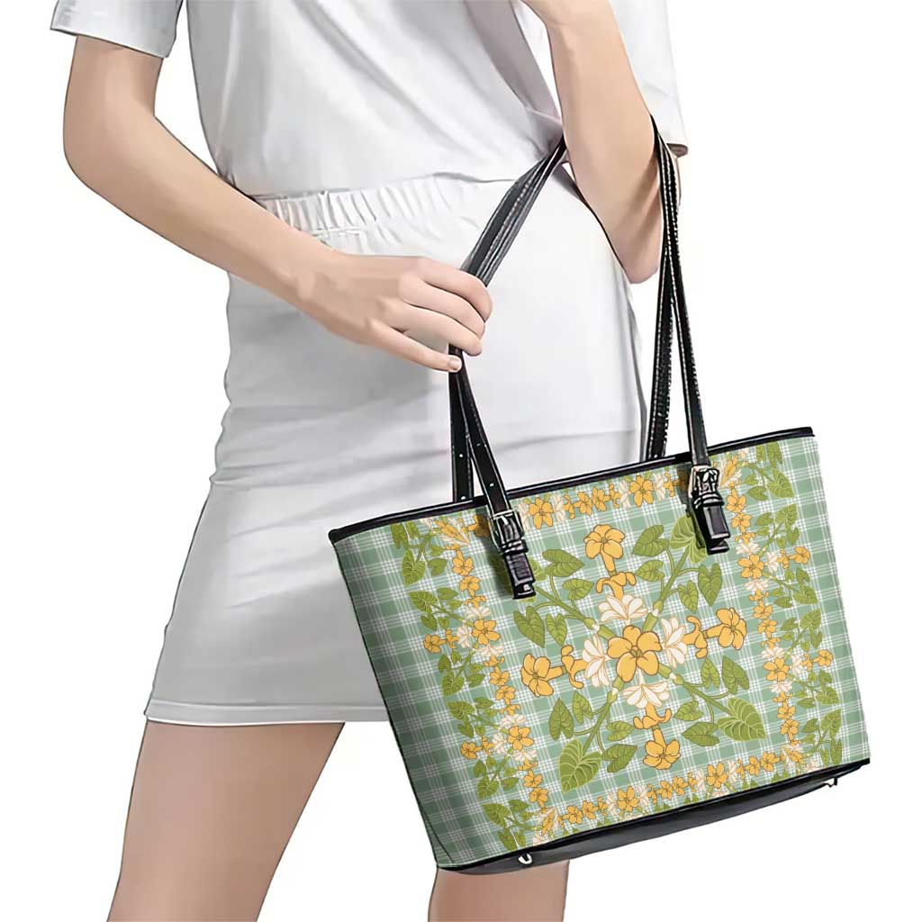 Squares Puakenikeni and Kalo Leather Tote Bag Turquoise Palaka Hawaiian Quilt Pattern - Polynesian Pride