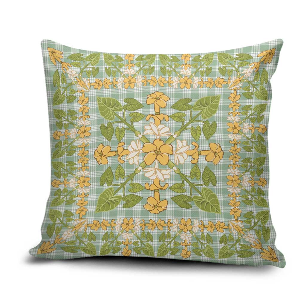 Squares Puakenikeni and Kalo Pillow Cover Turquoise Palaka Hawaiian Quilt Pattern - Polynesian Pride